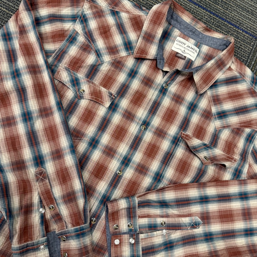 Cody James Western Shirt Men 4X Rust Blue Plaid Pearl Snap Long Sleeve Excellent